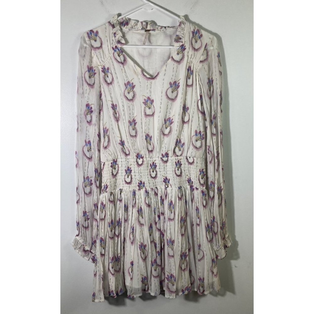 Womens Free People Wild Horses Smocked Boho Dress Sheer‎ Sleeve White Pink S